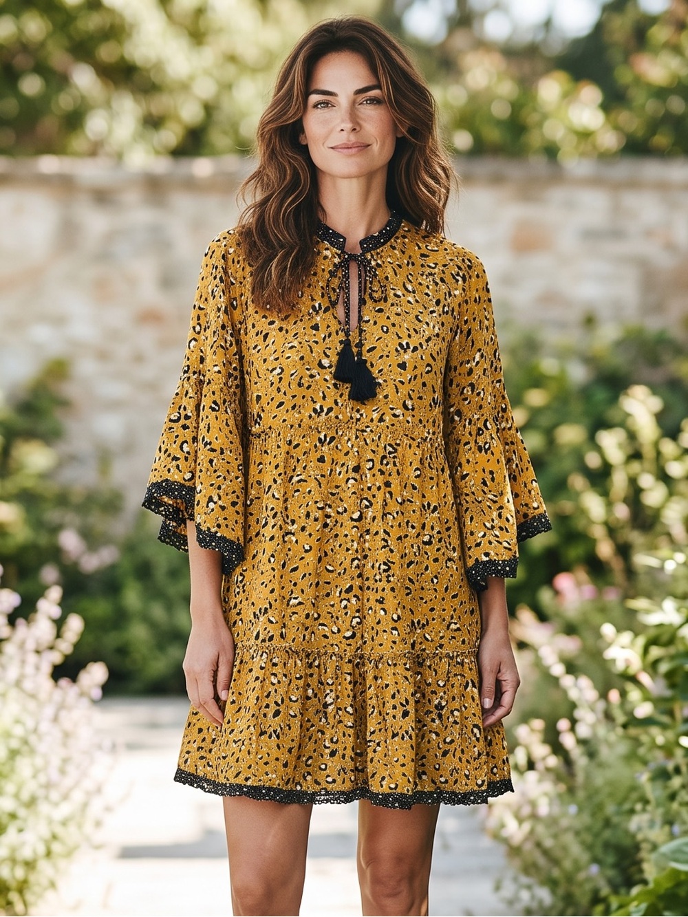 Umgee Leopard Print Bell Sleeve Mini Dress Ruffle Detail Tassel Tie Size Small